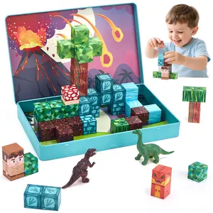 hahaland Mini Dinosaur Magnetic Blocks with Magnetic Case,52 PCS Magnet Building Cubes Dinosaur Toys for Kids 3-5 Toddler Travel Toys Airplane Essentials, Stem Toys 4 3 Year Old Boys Gifts Easter