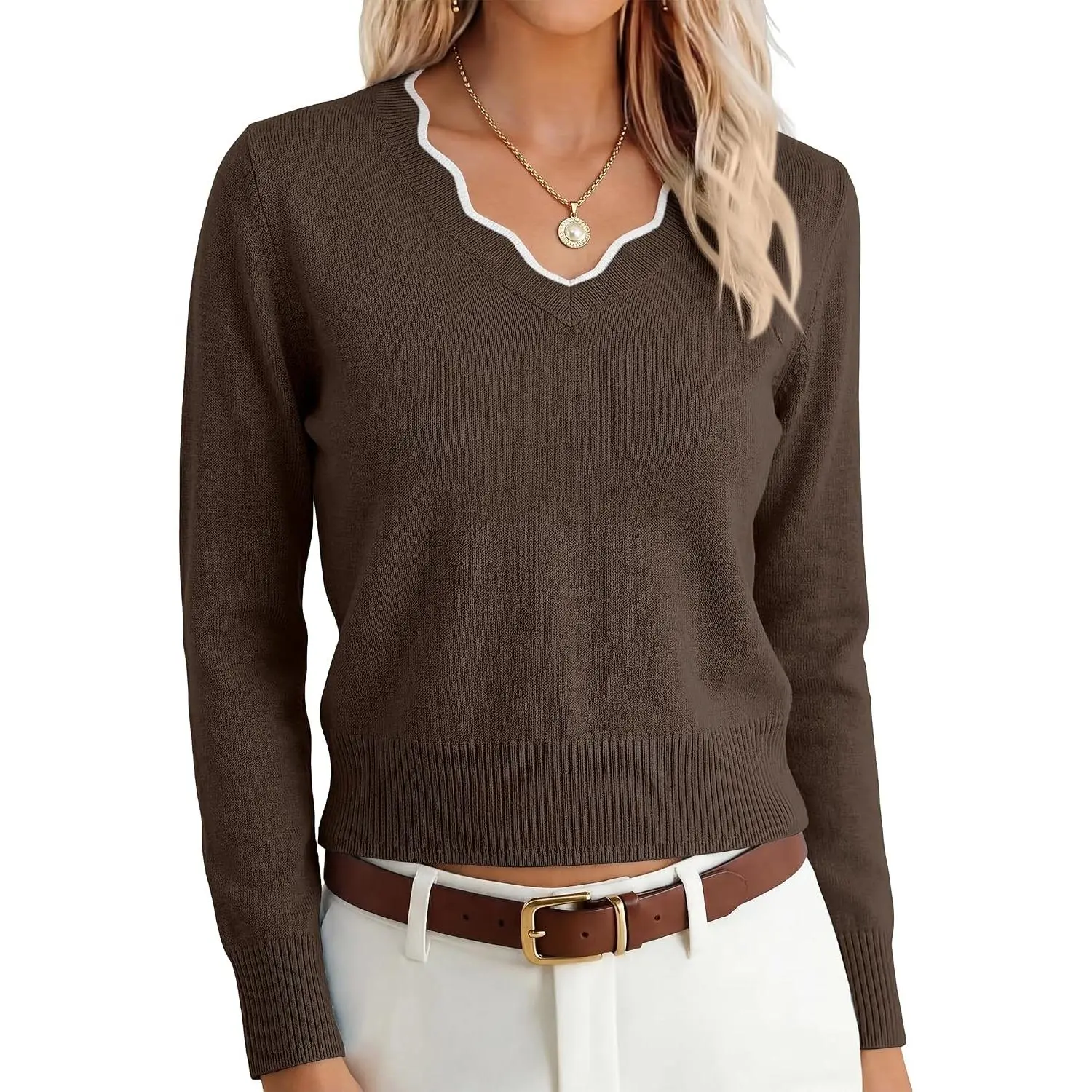 ANRABESS Women’s Long Sleeve Cropped Sweaters | V Neck Scalloped Lightweight Pullover Tops, Soft Cozy Knit Fabric, Business Casual Work Travel, Fall Winter Layer Wear