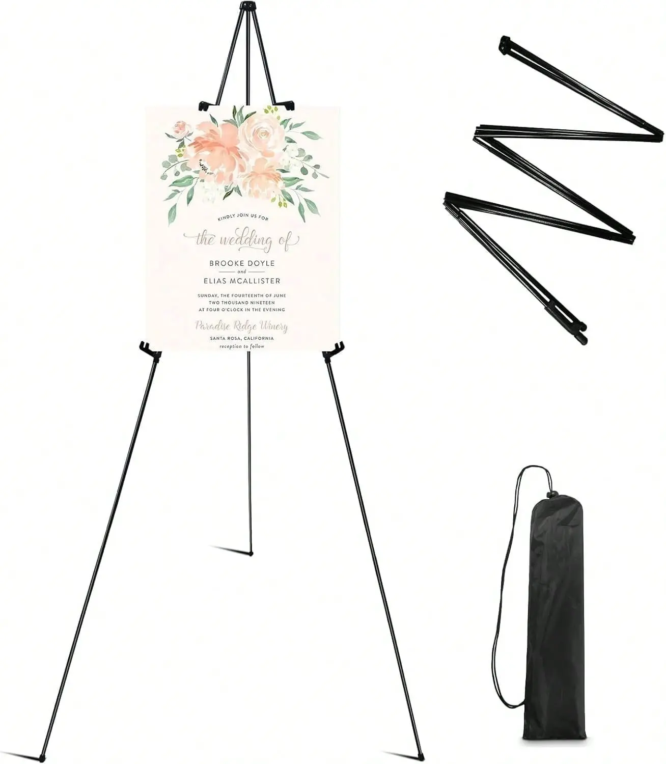 63-Inch Sturdy Metal Tripod Easel Stand with Elastic Rope, Folding Clips, Instant-Fold Design, Carry Bag for Floor Presentation, Sign Display (Home Decor, Photo Frame Compatibility)