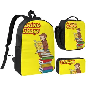 3pcs Curious george Backpack Set for Girls & Boys Curious george stuffed animal Laptop School Bag with Insulated Lunch Bag & Pencil Pouch Popular Curious george toys Daypack for Teens, Students & Office Workers