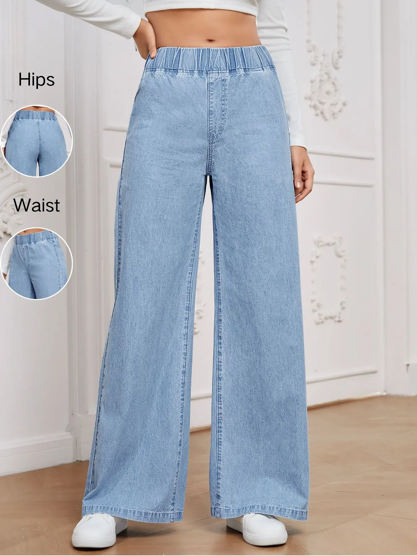 Women's Elastic Waist Wide Leg Jeans, Light Blue Light Wash Loose Fit Baggy Denim Jeans, Comfortable Stretchy Waistband, Casual Daily Wear Trouser Pants