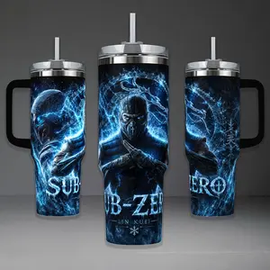 Sub-Zero Lin Kuei Grandmaster Tumbler, Mortal Kombat Ice Blast 40oz Cup with Handle, Cryomancer Warrior 20oz Stainless Steel Travel Mug, Gamer Gift, Sub-Zero Inspired Insulated Tumbler Featuring Epic Blue Lightning Design.
