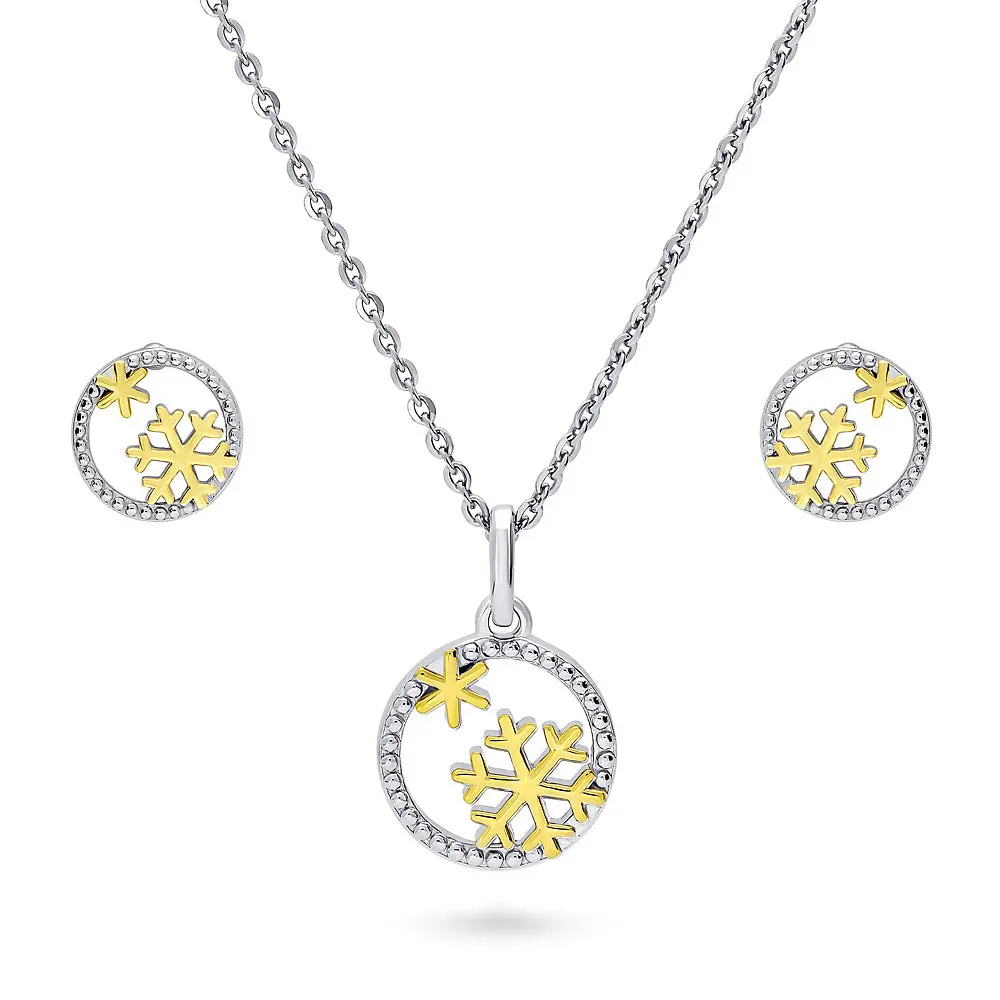 BERRICLE Yellow Gold Flashed Sterling Silver Snowflake Necklace and Earrings Set for Women