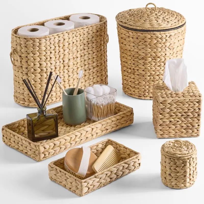 Best Choice Products 6-Pc Water Hyacinth Bathroom Storage Set, Includes Trays, Trash Bin, Toilet Paper Storage, Tissue Box Cover, Garbage Can