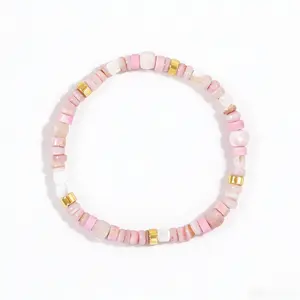 Shinus Boho Pink Imperial Stone & Shell Beaded Bracelet Handmade Stretch Pink Spacer Beads Jewelry for Women Gift for her adjustable fashion accessory
