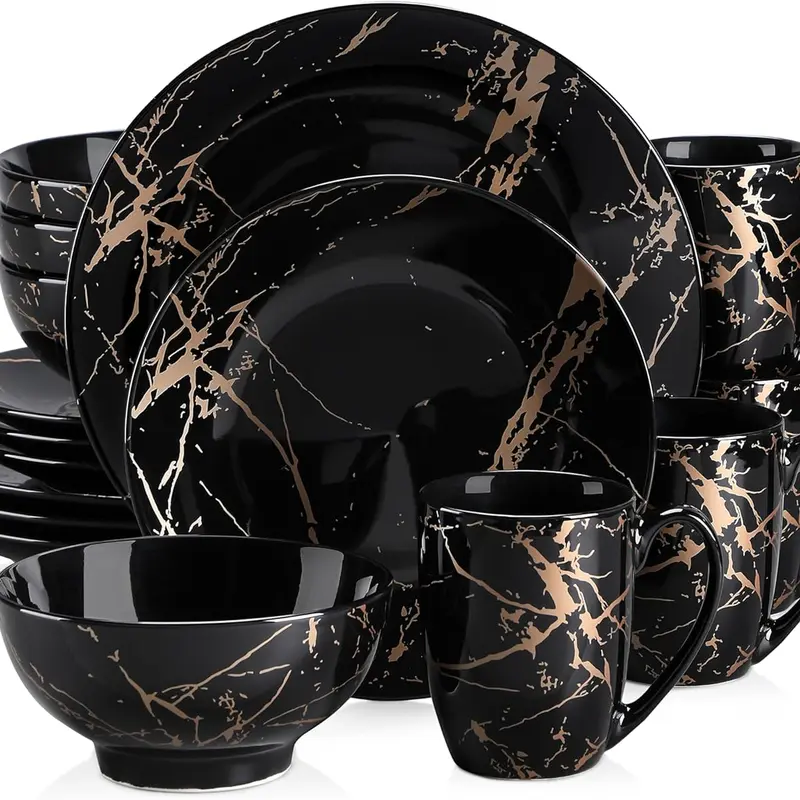 Plates and Bowls Sets for 4, Black Dinnerware Sets 16 Piece Gold Splash Glaze Round Dish Set, LOVECASA Porcelain Plate Set with Mugs Dishwasher Microwave Safe