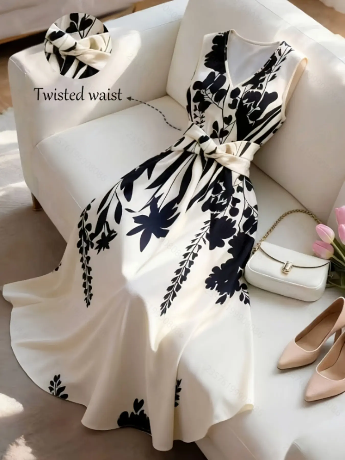 Women's Summer New French Elegant Aesthetic Casual Chic Fitted Simple Floral Print Waist Cinched Sleeveless Mid-Length Dress Suitable for Commuting Casual Classy Elegant Dresses