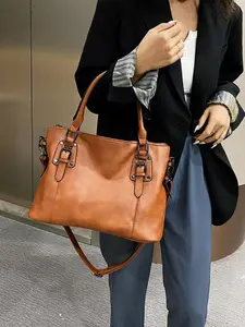 Women's Solid Color Tote Bag, Fashionable Large Capacity Everyday Shoulder Bag for Daily Used, Casual Trendy Versatile High-quality Daily Commuting Bag, Girl Fashionable Shopping Bag