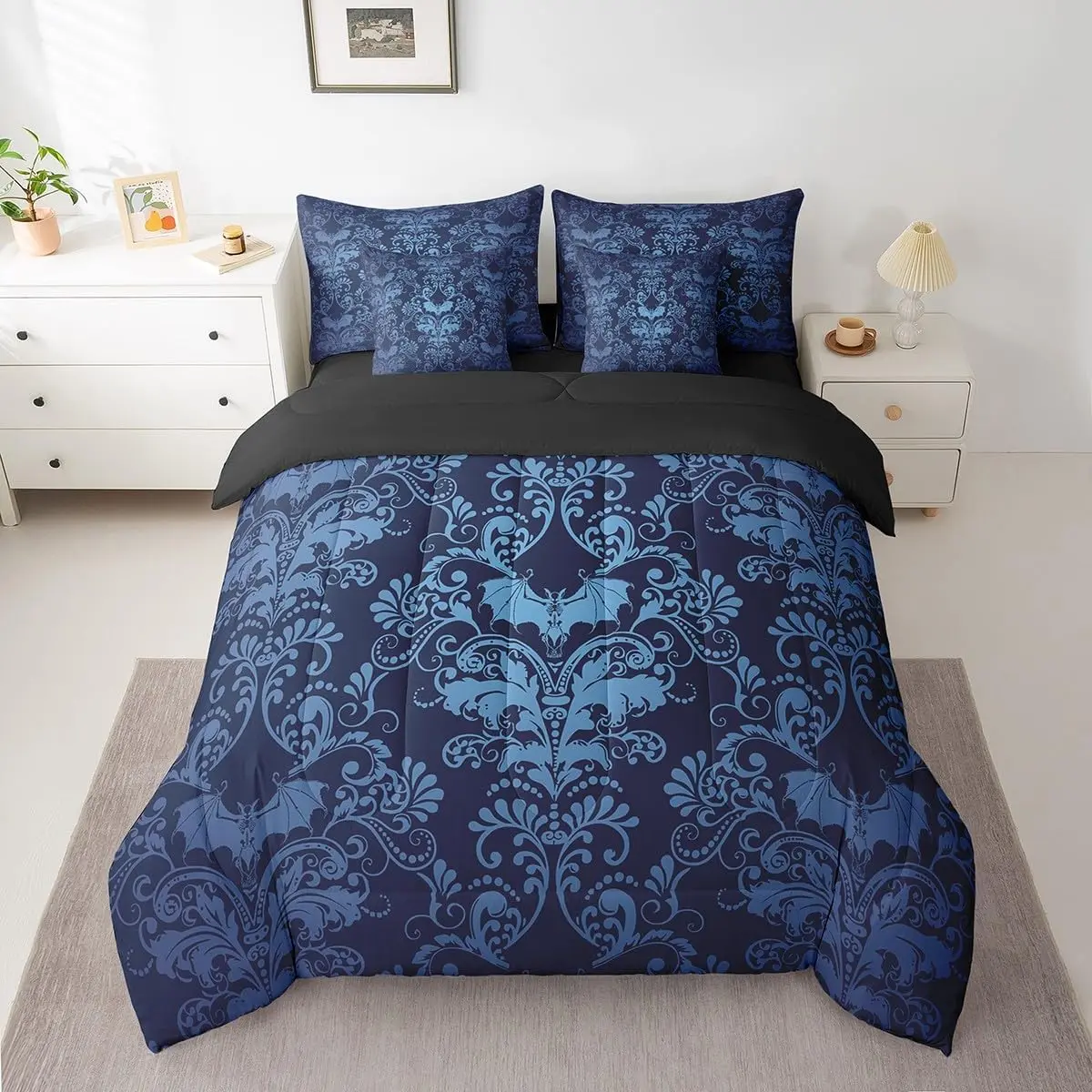 Feelyou 7-Piece Victorian Goth Theme Bedding Set - Ultra-Softness Damask Print Bed-in-a-Bag, Blue Floral Bedding, Halloween Bat Sheets, Microfiber Luxe Multi-Size Bedroom Decor, Bagged Bedding Sets Collections