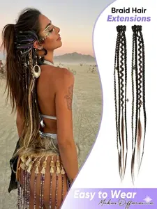 2pcs Clip in Braid Hair Extensions for Women, 20" Boho Dreadlock Braids with Beads & Charms, Handmade Synthetic Hairpieces for Cosplay