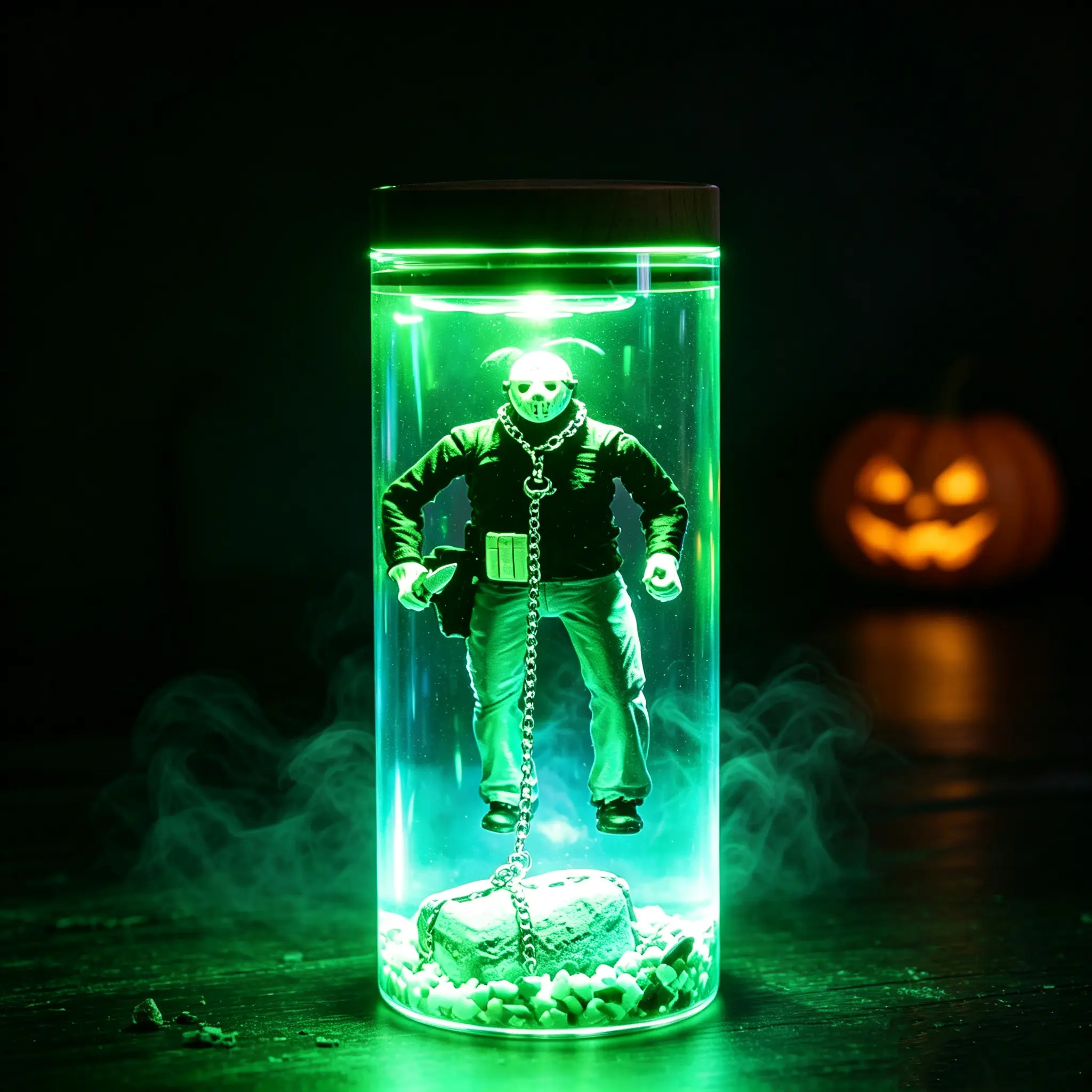 Halloween Spooky Masked Figure Glass Jar LED Night Light, Creepy Glowing Desktop Table Decoration Lamp, Gothic Style Room & Haunted House Holiday Decor Gift
