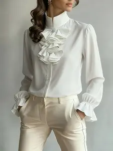 This  Ruffled Blouse is Old Money Elegance Victorian Style Office Long Sleeve Top Button