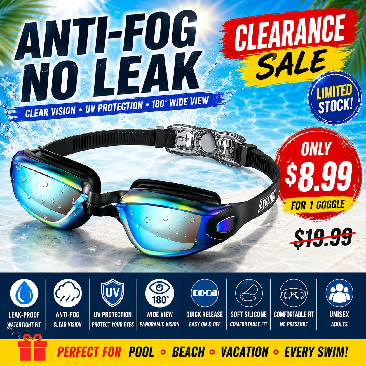 Aegend Anti Fog Swim Goggles for Adults, No Leak Swimming Goggles, Wide View UV Protection, Adjustable Silicone Pool Goggles with Case