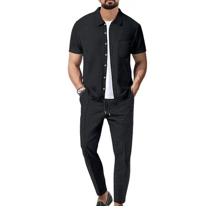 Coofandy Men's 2-Piece Knit Waffle Solid Color Short Sleeve Shirt & Pants Loungewear Set - Comfortable Fabric, Pockets, Elastic Waist for Home Lounging, Casual Outings