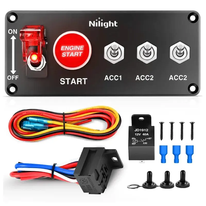 Nilight 5-in-1 Racing Car & Yacht Ignition Rocker Switch Panel with Engine Start Button, Control Harness, Aluminum Build, Conductive Terminals, Screws, Safety Cover, 1x Relay with Wire, Fog Light Control, Yachts
