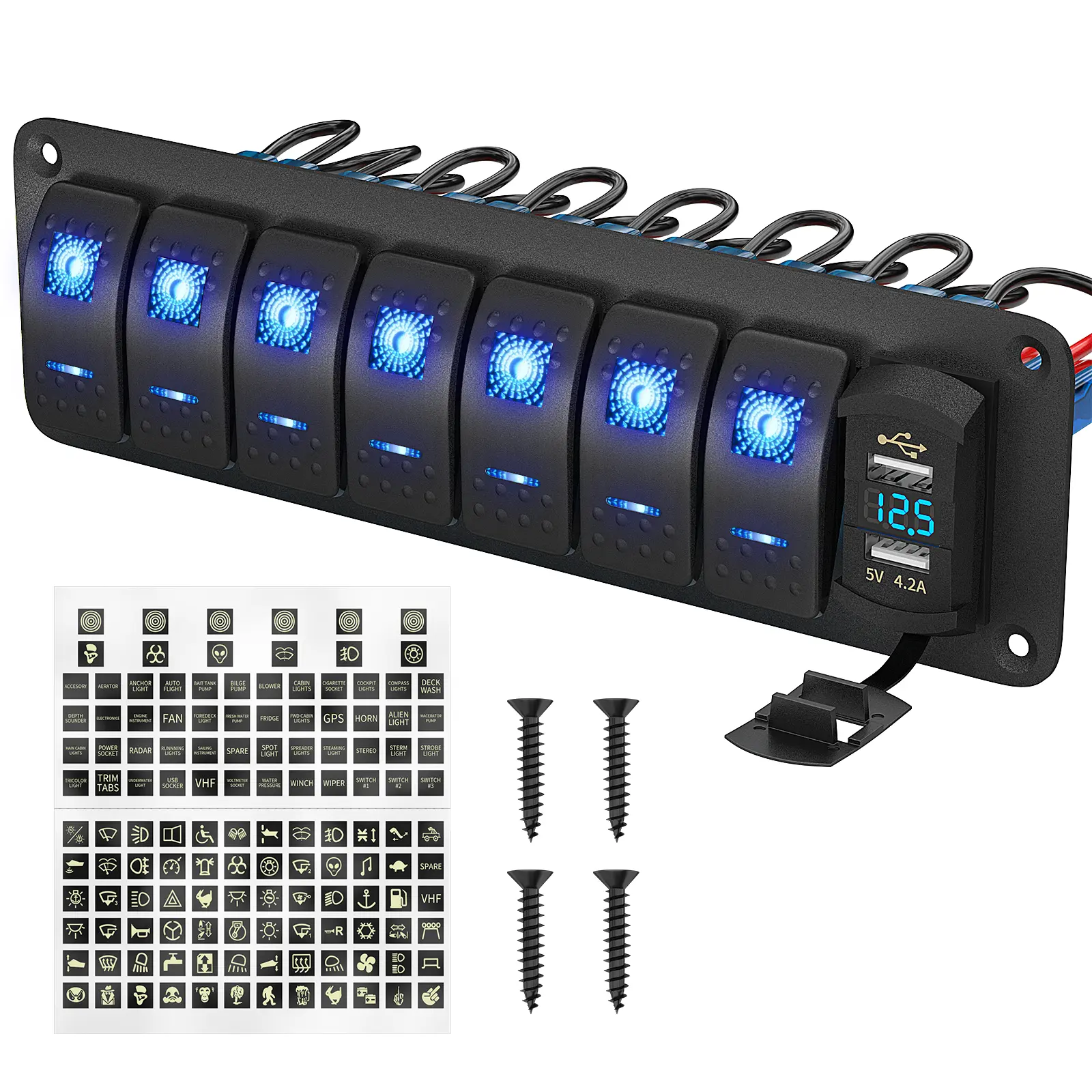 Eunik 7-Gang Vertical Rocker Switch Panel - Waterproof, Corrosion Resistant, with USB Charger & Voltmeter, 12V-24V DC for Boats, Car, SUV, UTV, Truck, Bus Automotive Accessories