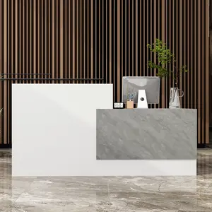FUFU&GAGA Reception Desk with Shelves, Modern Reception Table with Storage,Front Counter Table Checkout Table Retail Counter for Lobby Shop,White&Grey