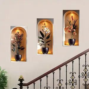 Elegant Tropical Plant Niche Wall Stickers, Decorative Sticker, Wall Art Stickers, Arch Display Window Theme Exotic Leaf Floral Fake Window Scene, Removable Self-Adhesive PVC Wallpaper, Sticker Decorations, Wall Decal