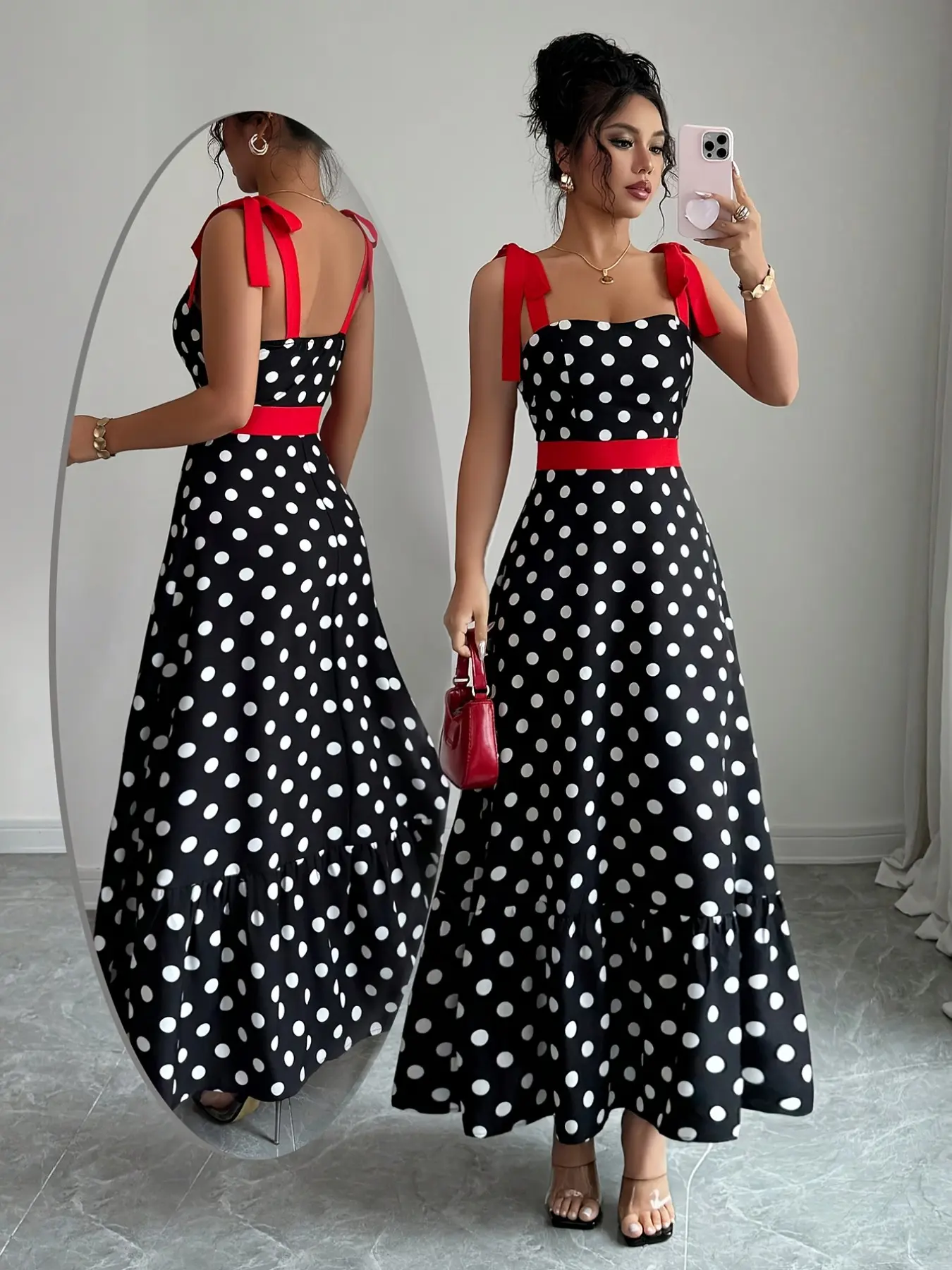 Women's French Elegance Polka Dot Color Block Waist Cinched A-Line Long Sleeveless Dress, Perfect for Dates and Vacations