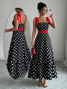 Women's French Elegance Polka Dot Color Block Waist Cinched A-Line Long Sleeveless Dress, Perfect for Dates and Vacations