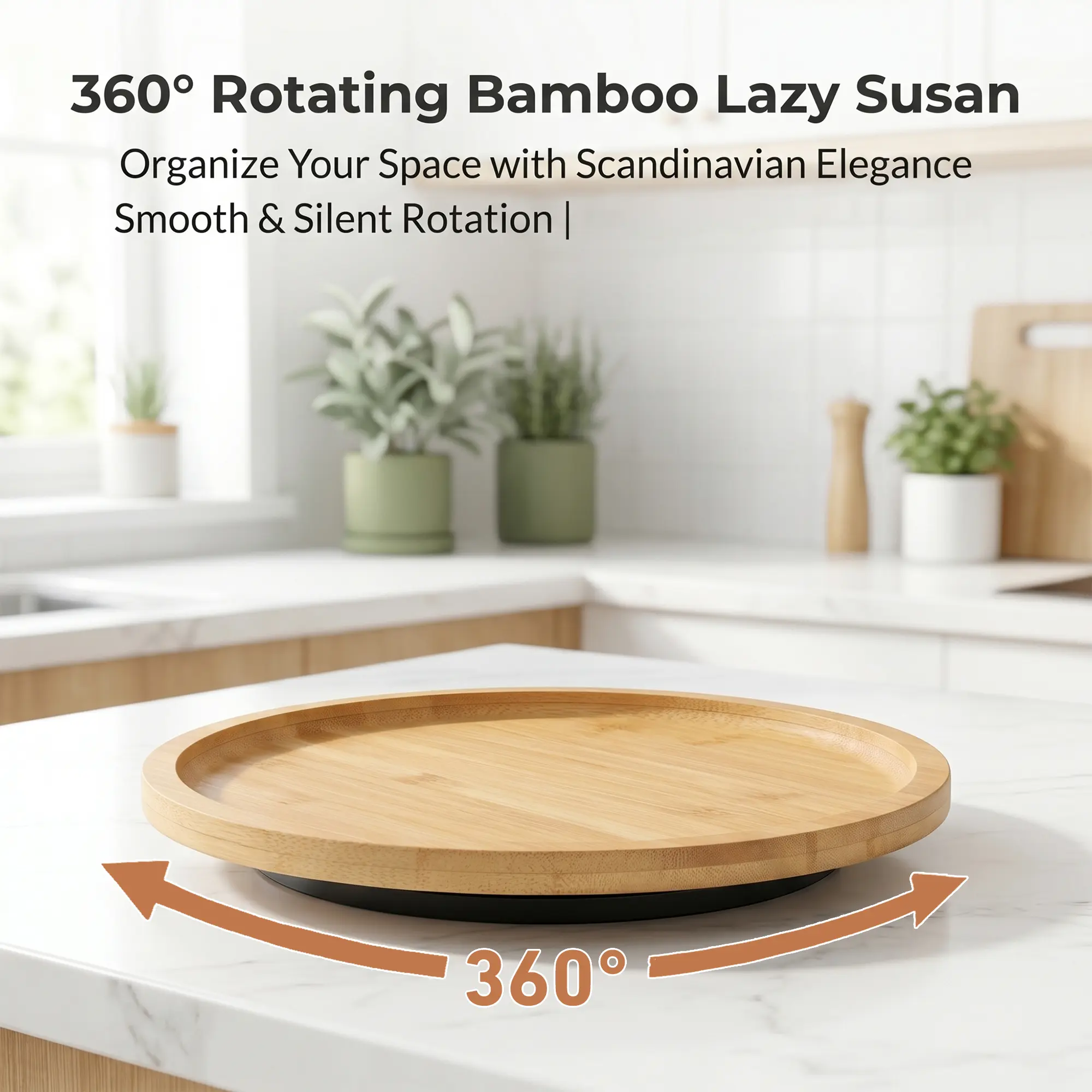 Bamboo Lazy Susan Turntable - 360° Silent Spin Smooth Kitchen Accessory, Waterproof Wipe-Clean Pantry Organizer for Cabinets, Cosmetics Storage (10-in & 12-in Sizes)