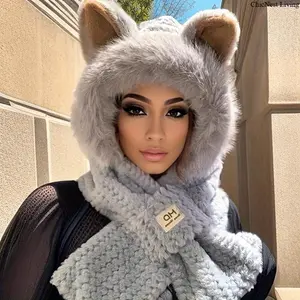 Upgraded Thickened Cute Hooded Scarf Hat for Women  Plush Neck Warmer with Cartoon Ears Soft & Warm Winter Solid Color Hat for Cold Weather Adventures