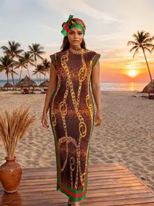 Elegant Chain Design Printed Set Robe Hooded Multicolor Shawl Moomoo Long Dress + Headscarf Scarf Hairband for Women Beach Sun Protection Casual Wear Satin Silk