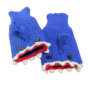 A Pair of Handmade Shark Gloves Christmas Holiday Gift Funny Cartoon Yarn Winter Warm Half Finger Gloves
