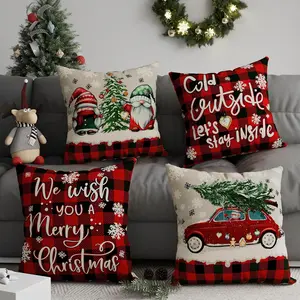 4-Piece Christmas Festive Gnome Tree Cushion Set, Single-Sided Print Decorative Pillows, 45x45cm, Short Plush Material, Hidden Zipper, Indoor & Outdoor Use, Decoration
