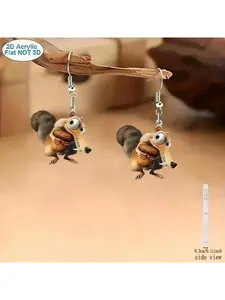 1 pair, cute little squirrel holding pineco-shaped acrylic pendant earrings with floral patterns, High Quality Earrings, It's a perfect gift for pet lovers, suitable for ladies, parties and Christmas