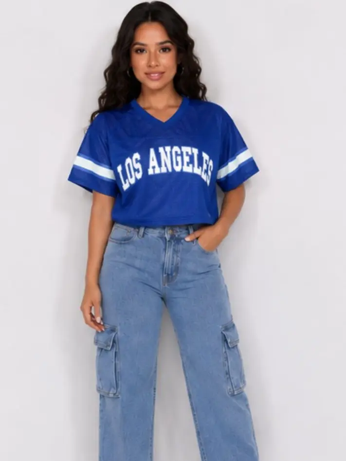 Women's Short-Sleeve Blue Los Angeles Football Jersey Top - Mesh, Breathable Athletic Fabric, Flattering Casual Fit, Shortsleeve
