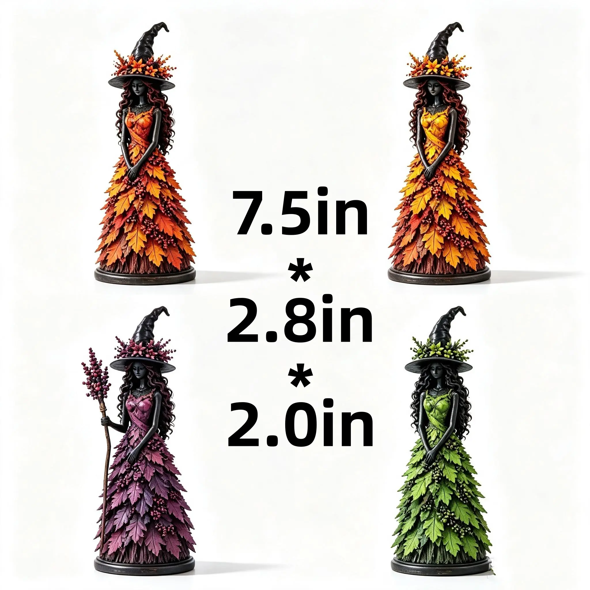 4 PCS Fall Maple Leaf Witch Statue, Halloween Forest Witch Tabletop Decor, Vintage Harvest Witch Resin Ornament, Thanksgiving Autumn Home Shelf Figurine