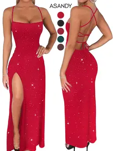 ASANDY Women's Glitter Bodycon Maxi Dress - Ribbed Knit Formal Cocktail Gown with an Adjustable Crisscross Back and High Slit