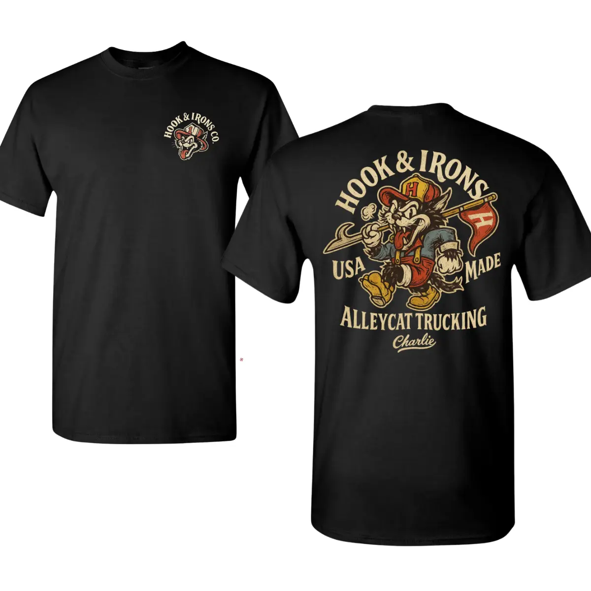 Hook & Irons Alleycat Trucking T-Shirt, Vintage Workwear Graphic, USA Made Soft Cotton Blend, Retro Alleycat Mascot Design, Classic American Streetwear for Men