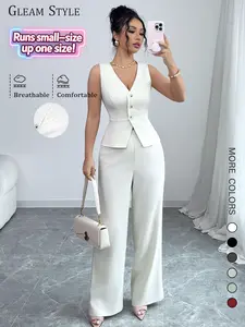 2026 New European and American Women's 2-Piece Set, Waist-Cropped Sleeveless V-Neck Top + Wide Leg Pants, Slim Fit, Light Color, Slightly Transparent