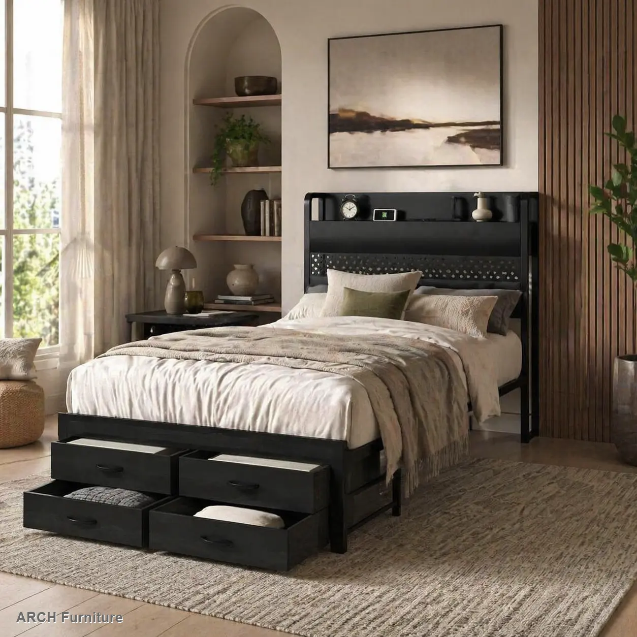 Minimalist Modern Twin Size Black Metal Platform Bed Frame with Headboard, LED Lights, Storage Drawers, No Box Spring Needed, Modern Platform Bed, Minimalist Platform Bed