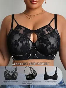 Plus Size Women's sheer lace underwire bra, Ruched Push Up, deep V-neck full cup support, suitable for date nights and everyday wear, Elegance