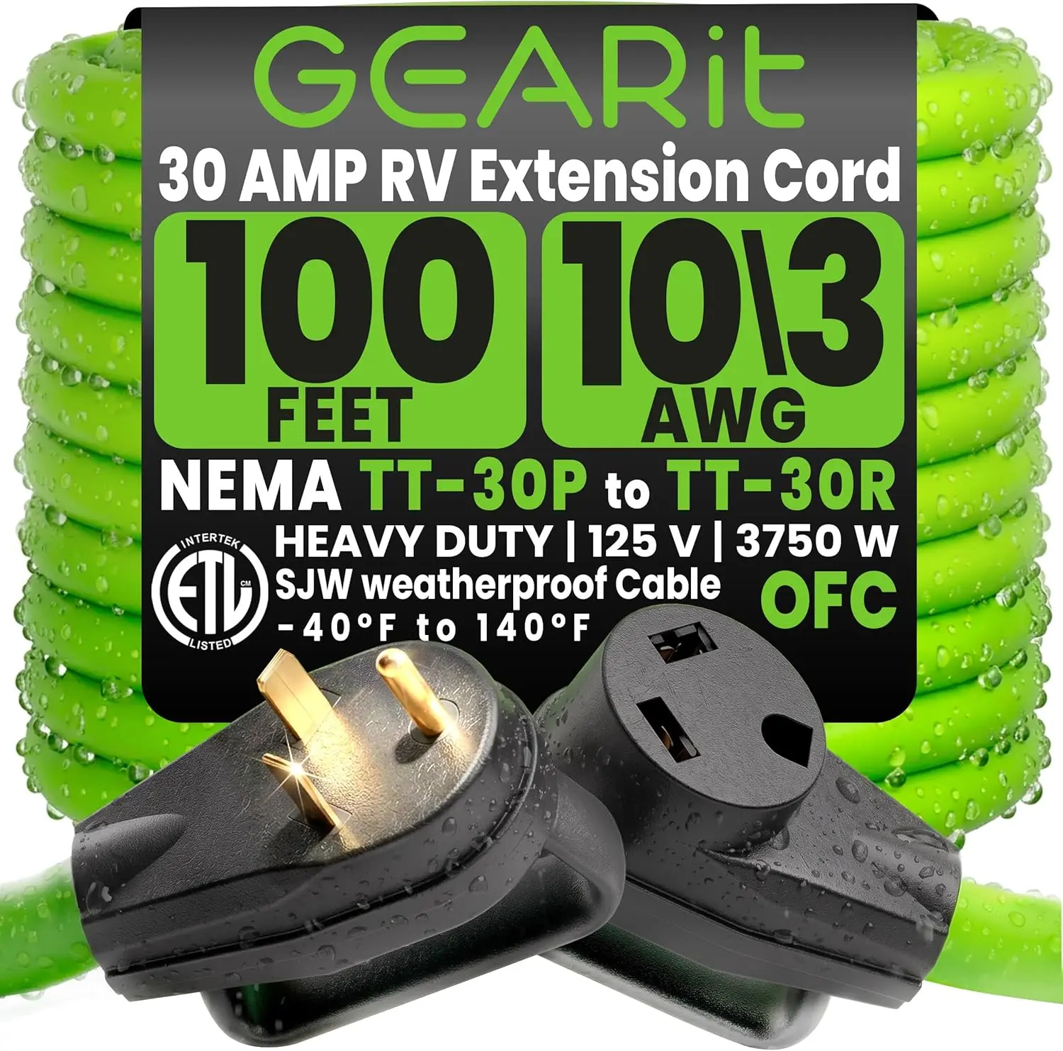 GEARit 100 Ft 30 Amp RV Extension Cord, NEMA TT-30 30amp RV Cord 10/3 STW Heavy Duty Waterproof 3 Prong 125V 3750W Power Cord for RV Camper Travel Trailer Motorhome