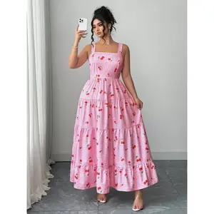 Plus size casual vacation sweet checkered cherry blossom print camisole skirt, comfortable summer fashion, perfect for travel and relaxationRAIMENTRY