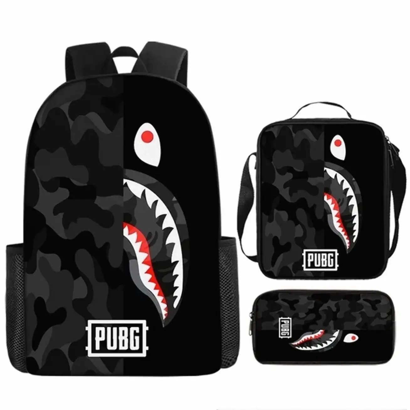 Unisex Camouflage Shark Squad 3-in-1 Bookbag Set - 2026 New Large Capacity Lightweight Travel Backpack Insulated Lunch Bag Pencil Case - School Gift