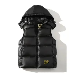 [Polyester Puffer Jacket Vest] Black Golden Hooded Vest - Sleeveless, Zip-Up Puffer Jacket with Stand Collar