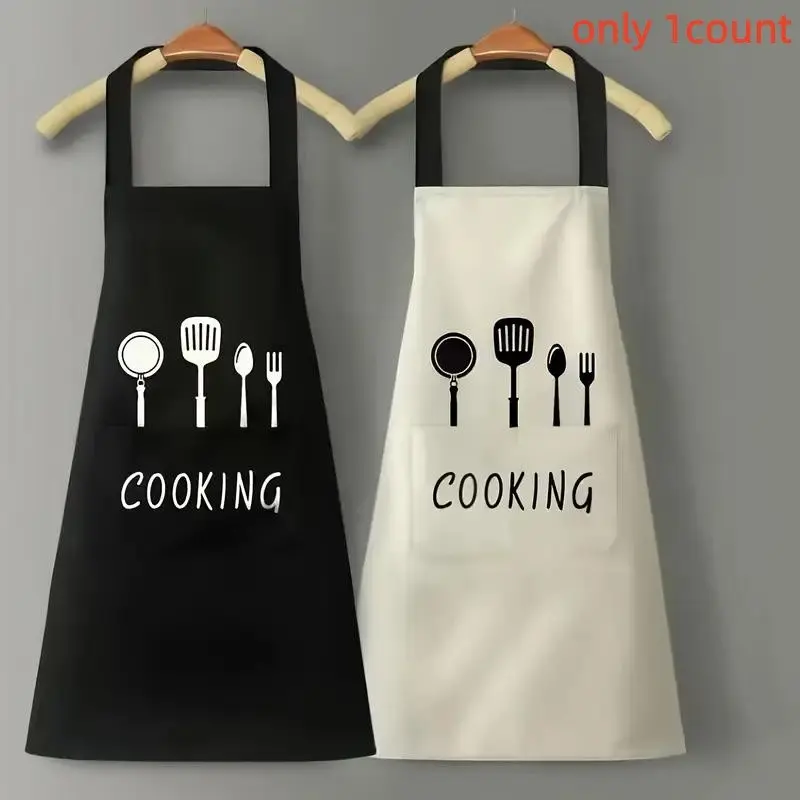 Cooking Letter & Tableware Pattern Apron, 1 Count Waterproof & Oil Proof Apron with Pocket, Kitchen Utensils for Cooking Lovers, Kitchen Cooking Aprons, Oil Resistant Apron, Apron with Pockets