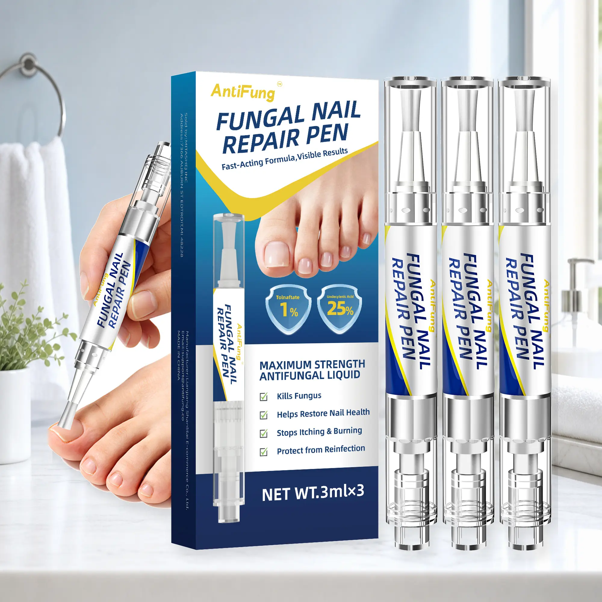 Toenail Fungus Nail Care Pen, AntiFung Extra Strength 25% Undecylenic Acid for Thick, Yellow, Discolored & Damaged Nails, 3-Pack
