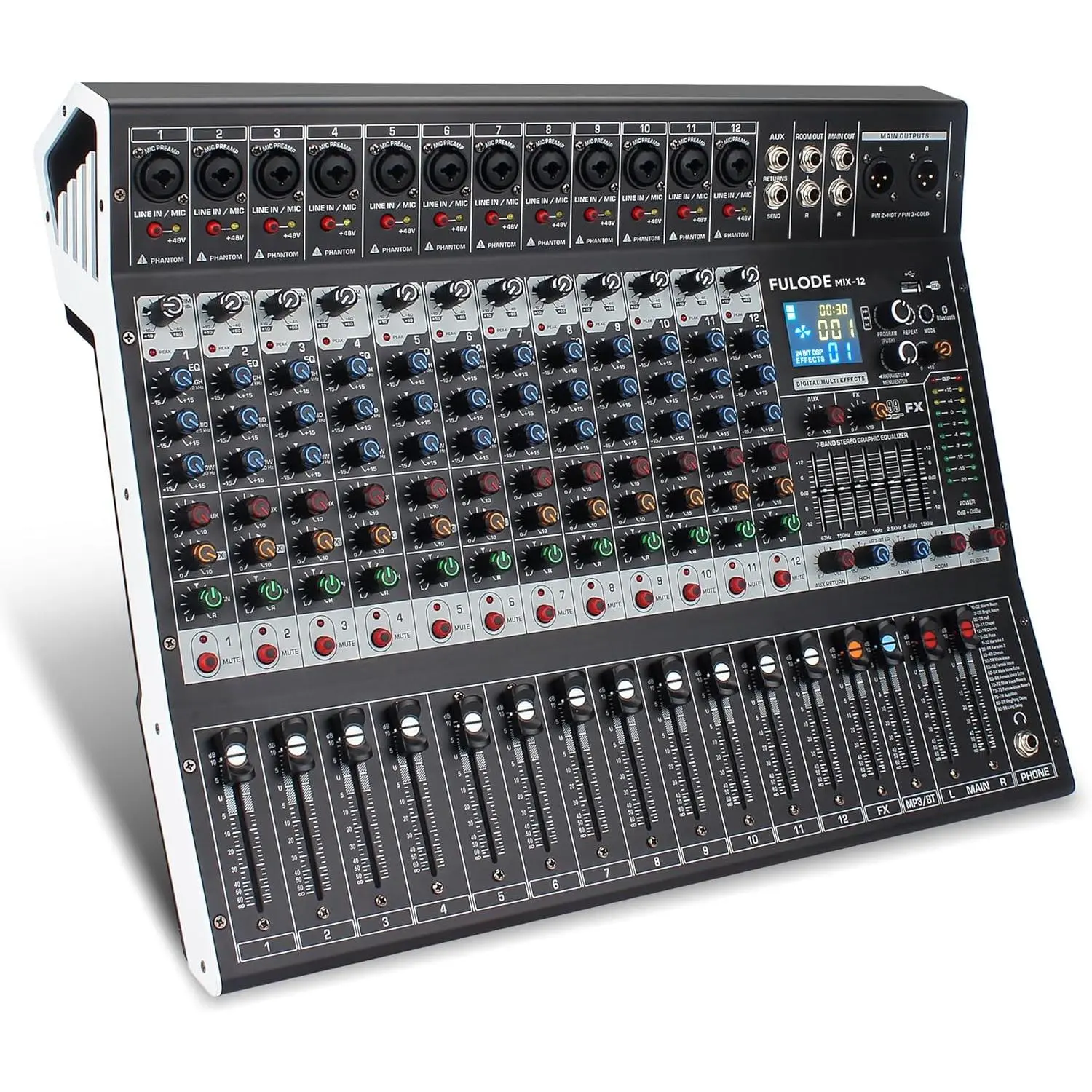 12-Channel Wireless Bluetooth Studio Audio Mixer - 99-Bit DSP Digital Processor, USB MP3 Input, RCA/XLR Mic Jacks, 48V Power, PC-Compatible Audio Equipment for Professional DJs, Home & Business Use