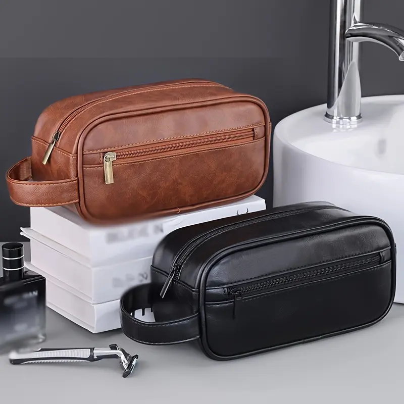 Men's PU Leather Zippered Toiletry Bag - Spacious Portable Travel Dopp Kit, Durable Pouch for Business Trips, Premium Men's Gift Wallet Clutch Men Gifts