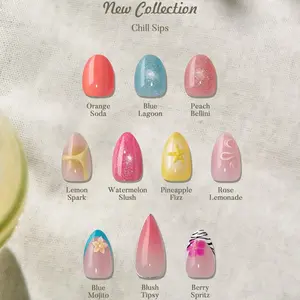 BTArtbox Press On Nails Short - Chill Sips, Easy-to-Apply 3D Almond Stiletto Summer Press On Nails with Glue and Adhesive Tabs in 16 Sizes - 32 Nails All-in-One Kit, Deals For You Days
