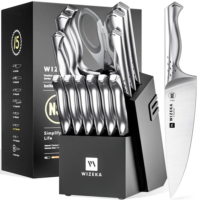 WIZEKA Jaguar Series Kitchen Knife Set with Block, Dishwasher Safe 15 Pcs Professional Chef Knife Set with Knife Sharpener, Food Grade German Stainless Steel Knife Block Set Gift for men Steak knife cooking knives Kitchen Knives kitchen accessories