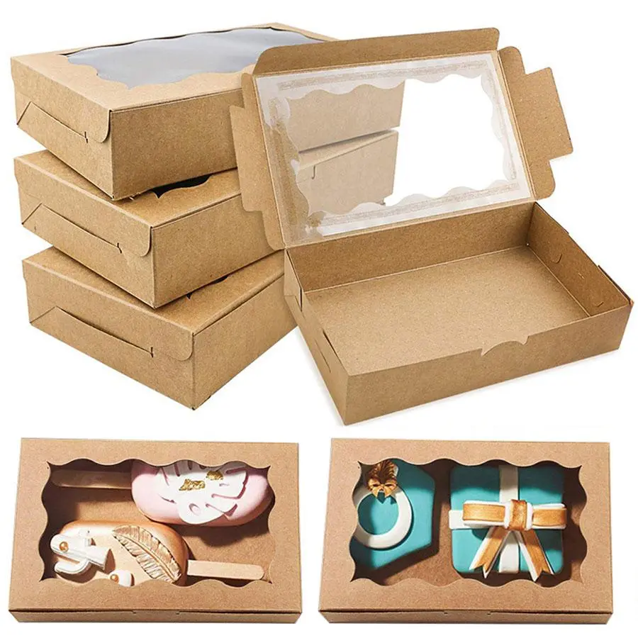 Kraft Paper Cake Box, 10pcs/set Rectangular Pastry Box with Window, Transparent, Baking Box for Cake, Cookie, Chocolate, Snack, Dessert, Gift Box, Bakeware, Bakery Supplies, Home Baking Supplies