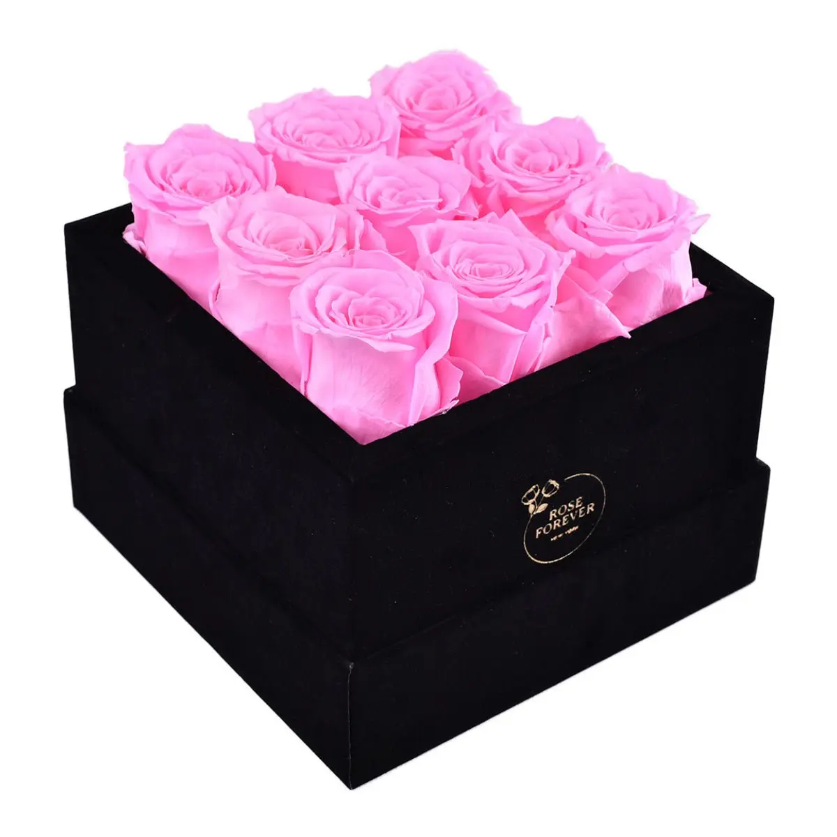 Fuchsia 9-Rose Decorative Flower Arrangement, Black Square Velvet Box, Ideal Gift for Girlfriend, Home Decor Accent