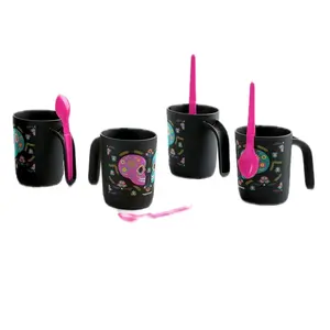 Tupperware Dia de los Muertos Skull Mug Set of 4 with Fuchsia Hang-On Spoons BPA-Free Reusable Dishwasher Safe for Day of the Dead Celebrations